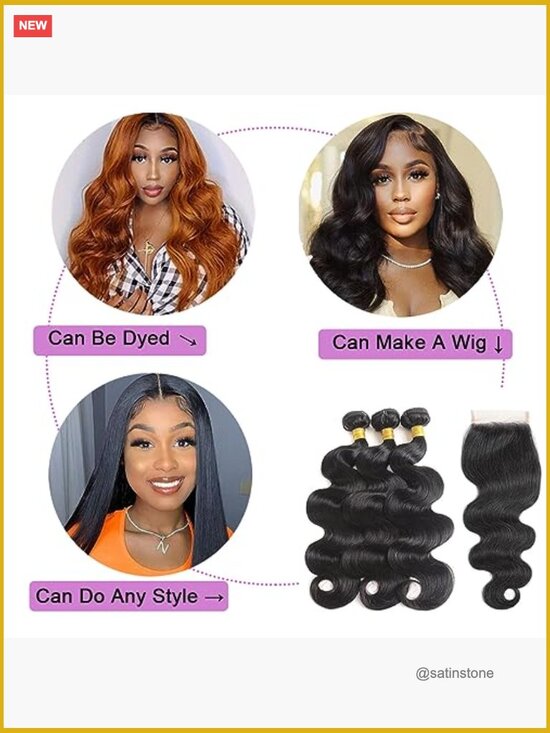Body Wave Human Hair Bundles 3pcs w/ 4x4 Lace Closure 16in 100% Unprocessed main image 4